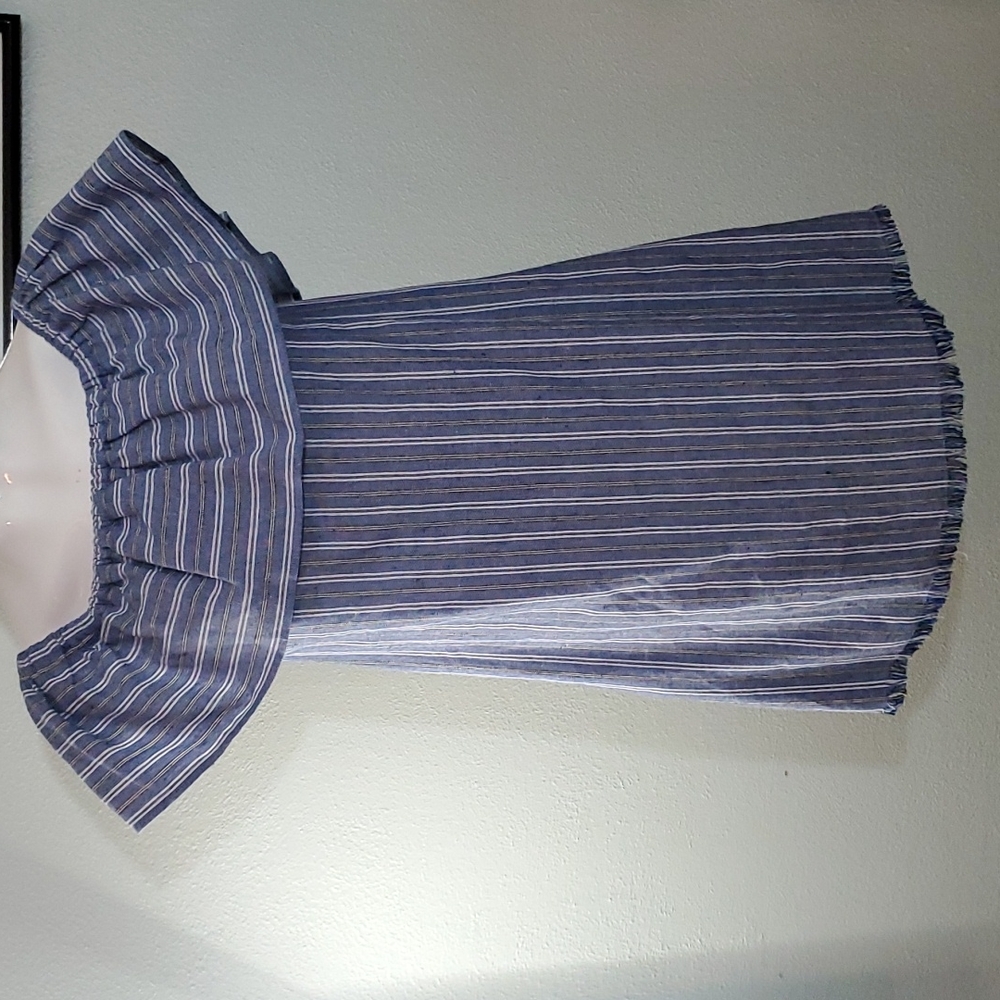 LOVERICH Women's Off-Shoulder-Ruffled-Blue/White Striped Lounge Dress-NEW-Sz S